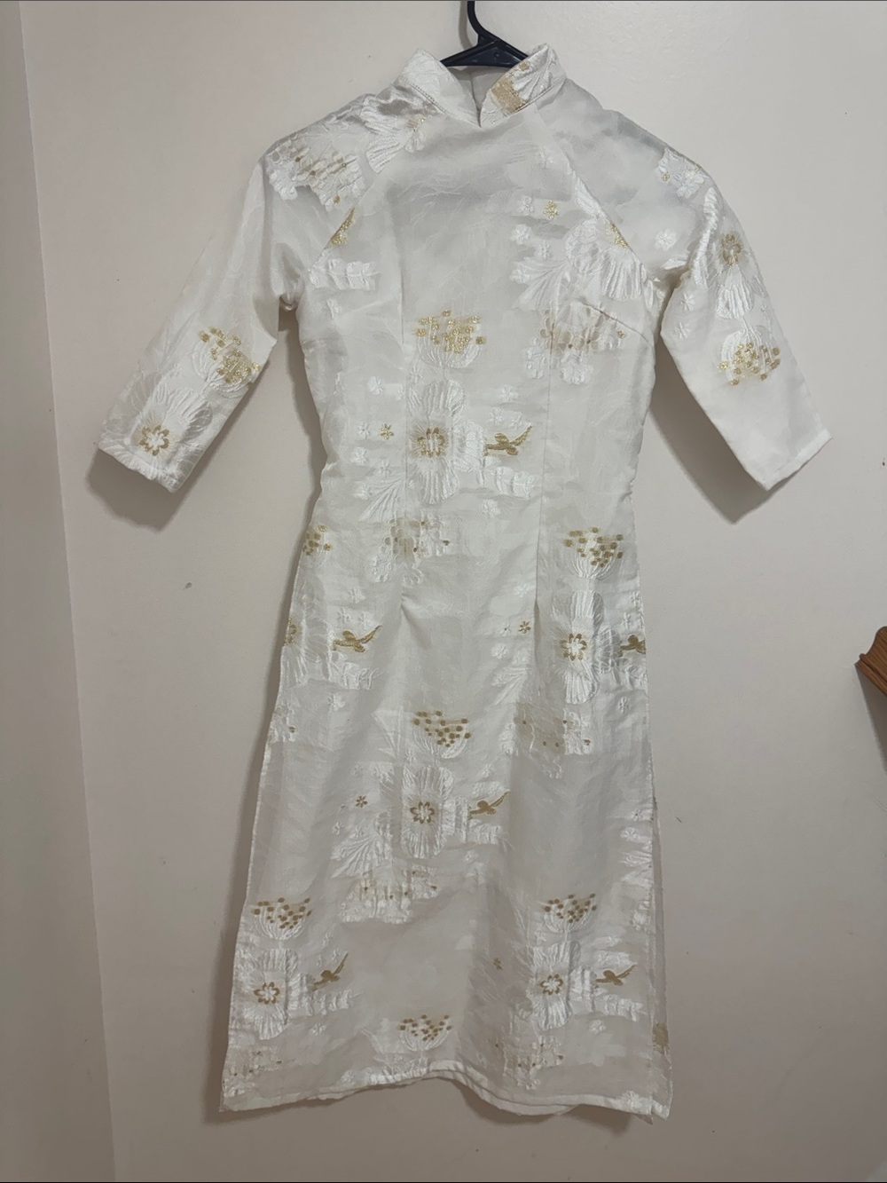 White and Gold Floral Cheongsam Dress